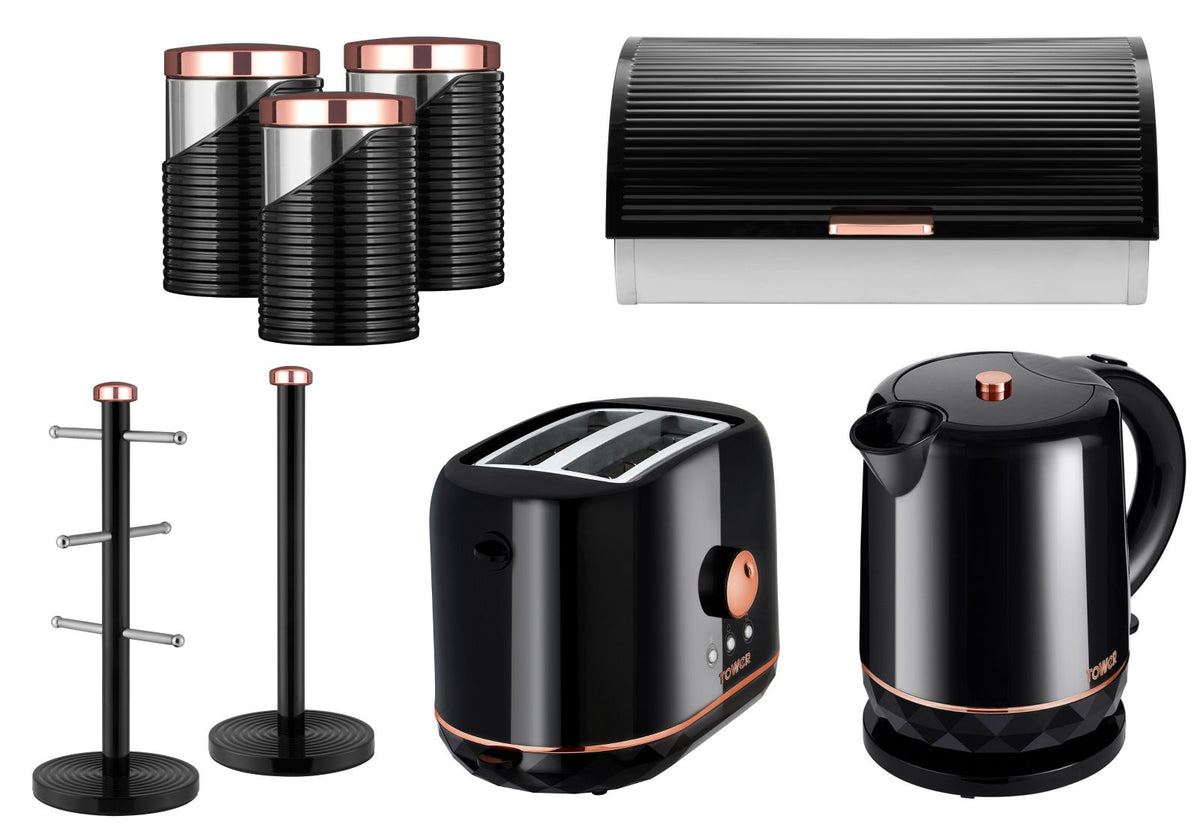 Tower Rose Gold & Black Kettle Toaster Bread Bin Canisters Mug Tree & Towel Pole