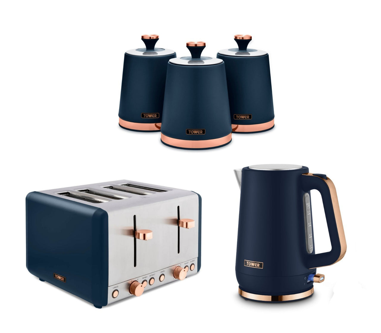 Tower Cavaletto Kettle, 4 Slice Toaster & 3 Canisters Midnight Blue Rose Gold0