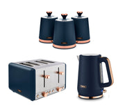 Tower Cavaletto Kettle, 4 Slice Toaster & 3 Canisters Midnight Blue Rose Gold0
