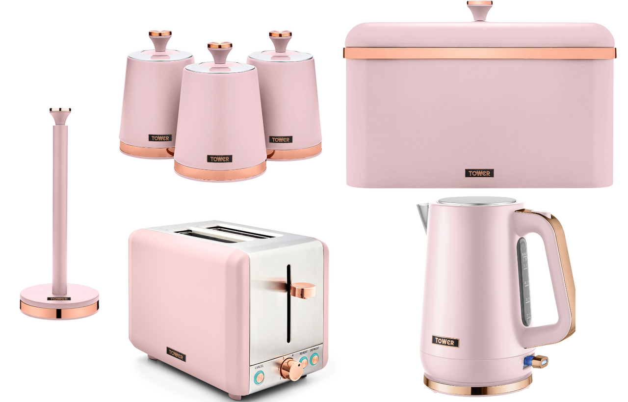 Tower Cavaletto Pink Kettle Toaster Breadbin Canisters Kitchen Roll Holder Set0