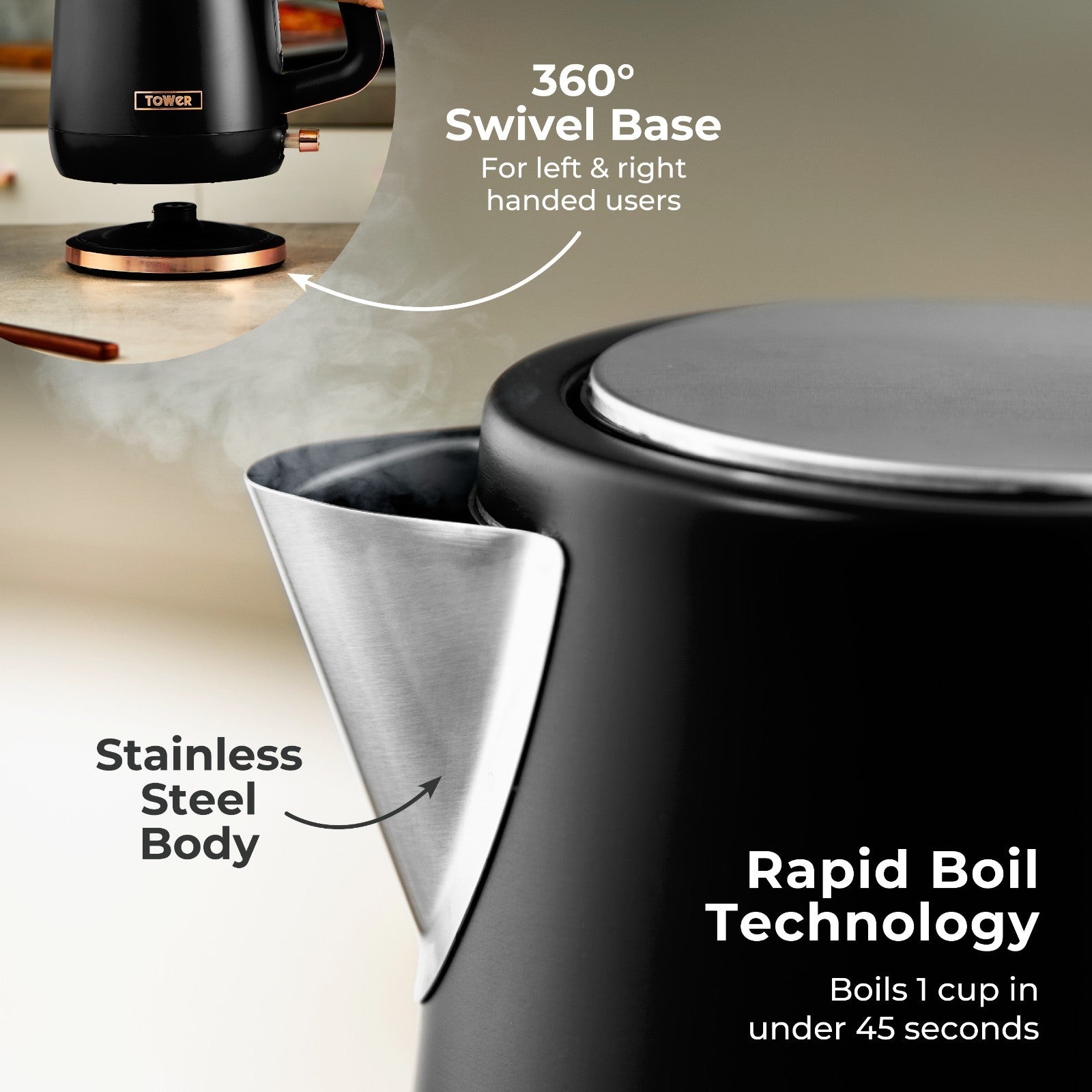 Tower Cavaletto Black Jug Kettle Toaster Microwave Breadbin Canisters Set7