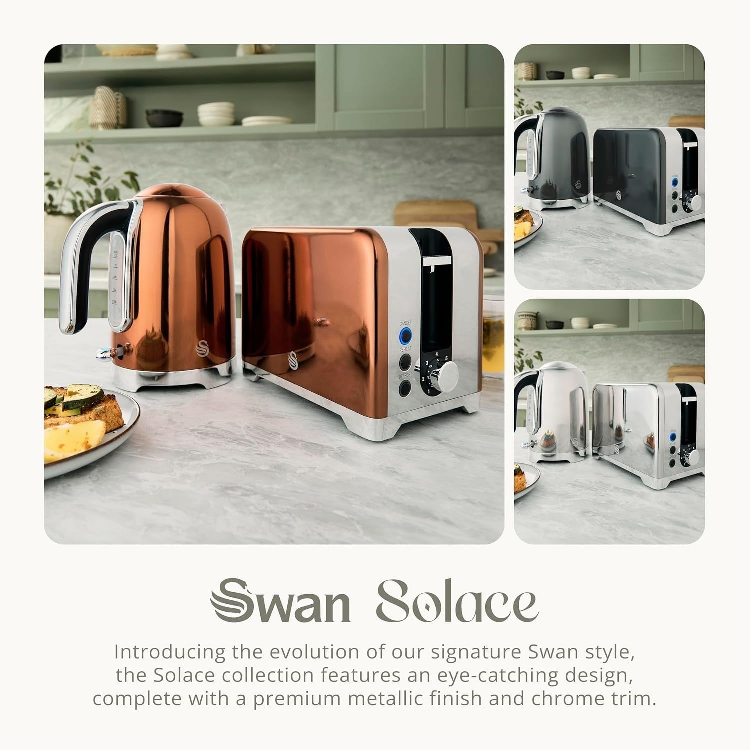 Swan Solace Copper Kettle & 2 Slice Toaster High Gloss Finish & Chrome Trim4
