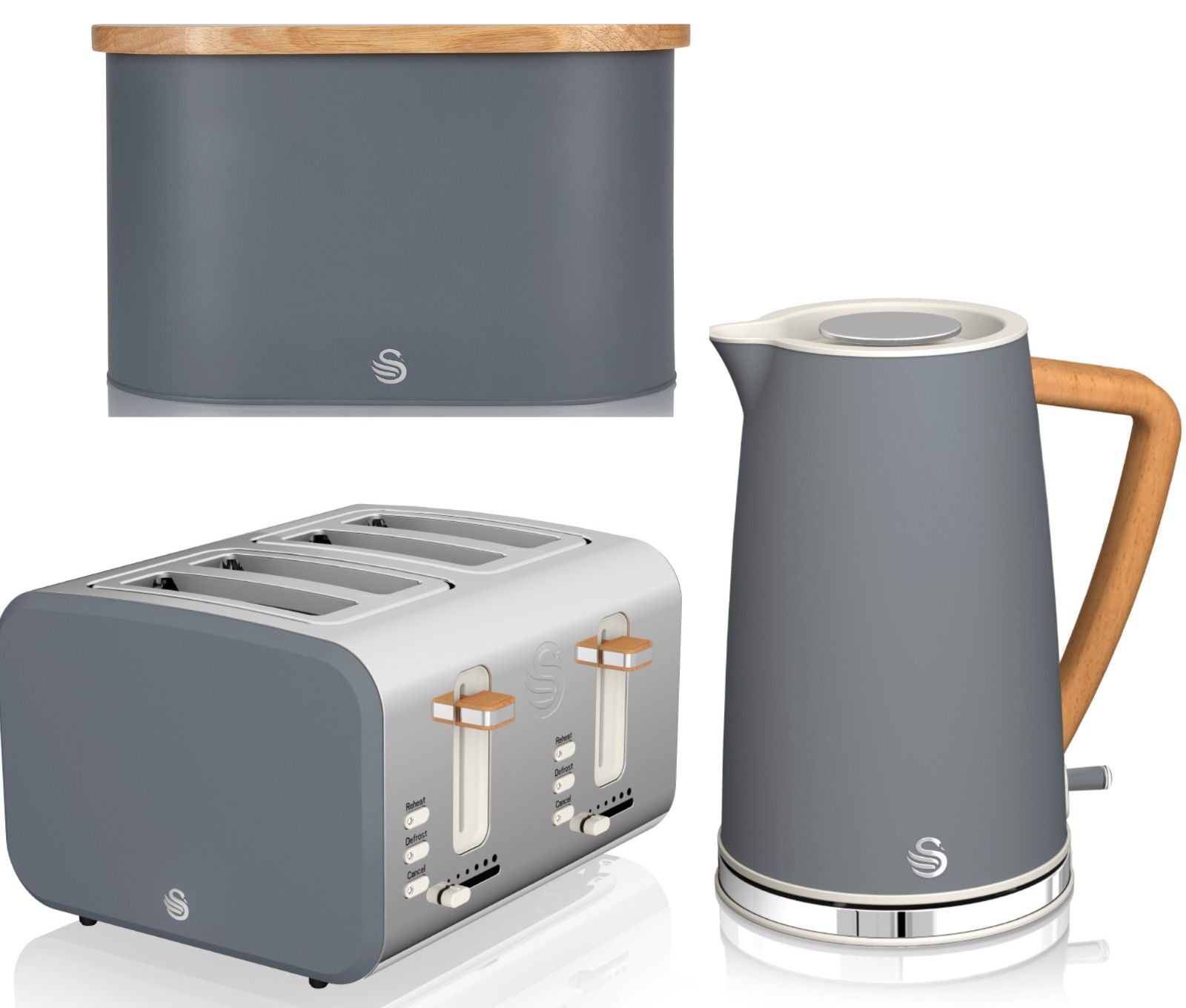 Swan Nordic Grey Kettle 4 Slice Toaster Breadbin Scandinavian Design