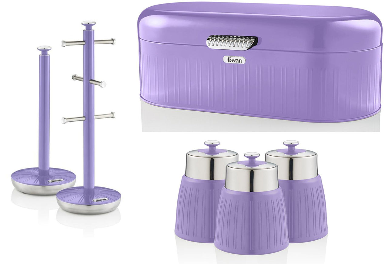 SWAN Retro Purple Bread Bin Canisters Mug Tree Towel Pole Kitchen Storage Set