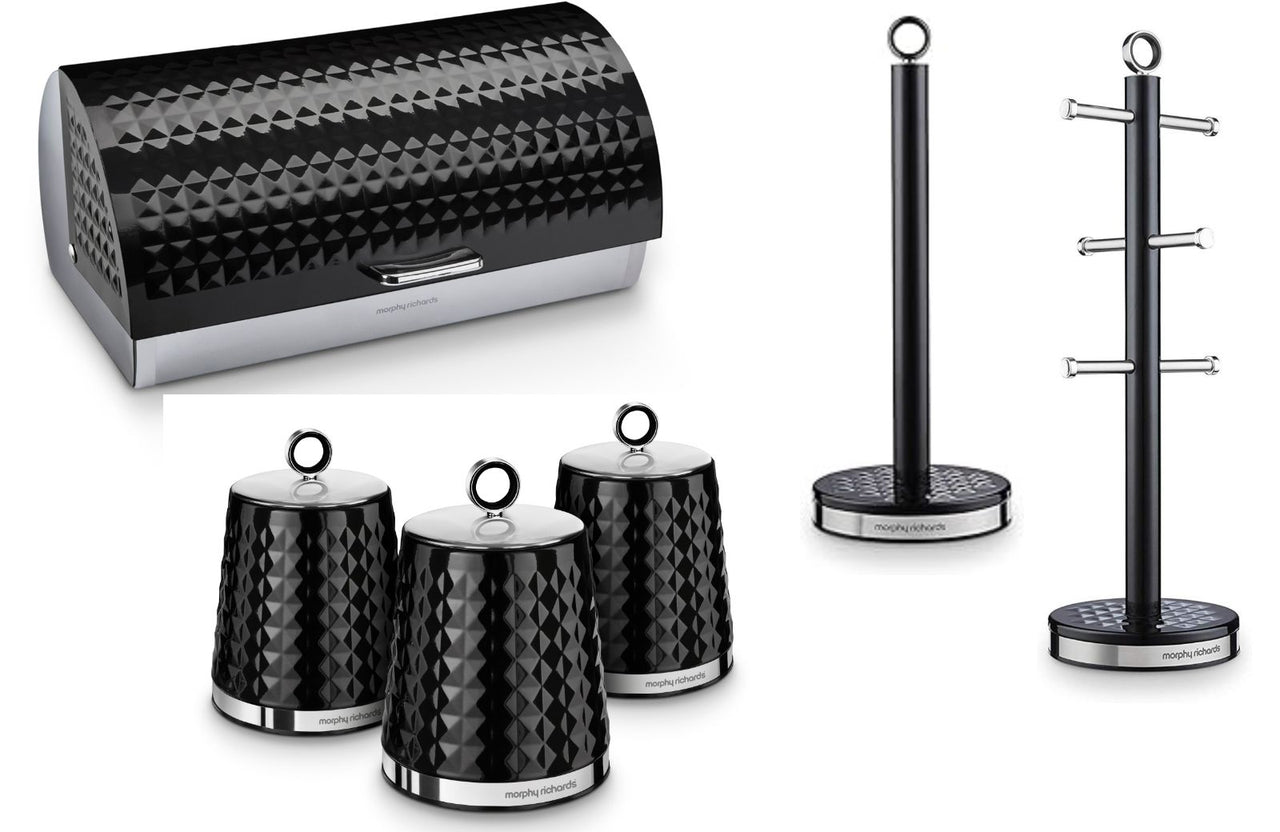 Morphy Richards Dimensions  Black Bread Bin Canisters Mug Tree & Towel Pole Set