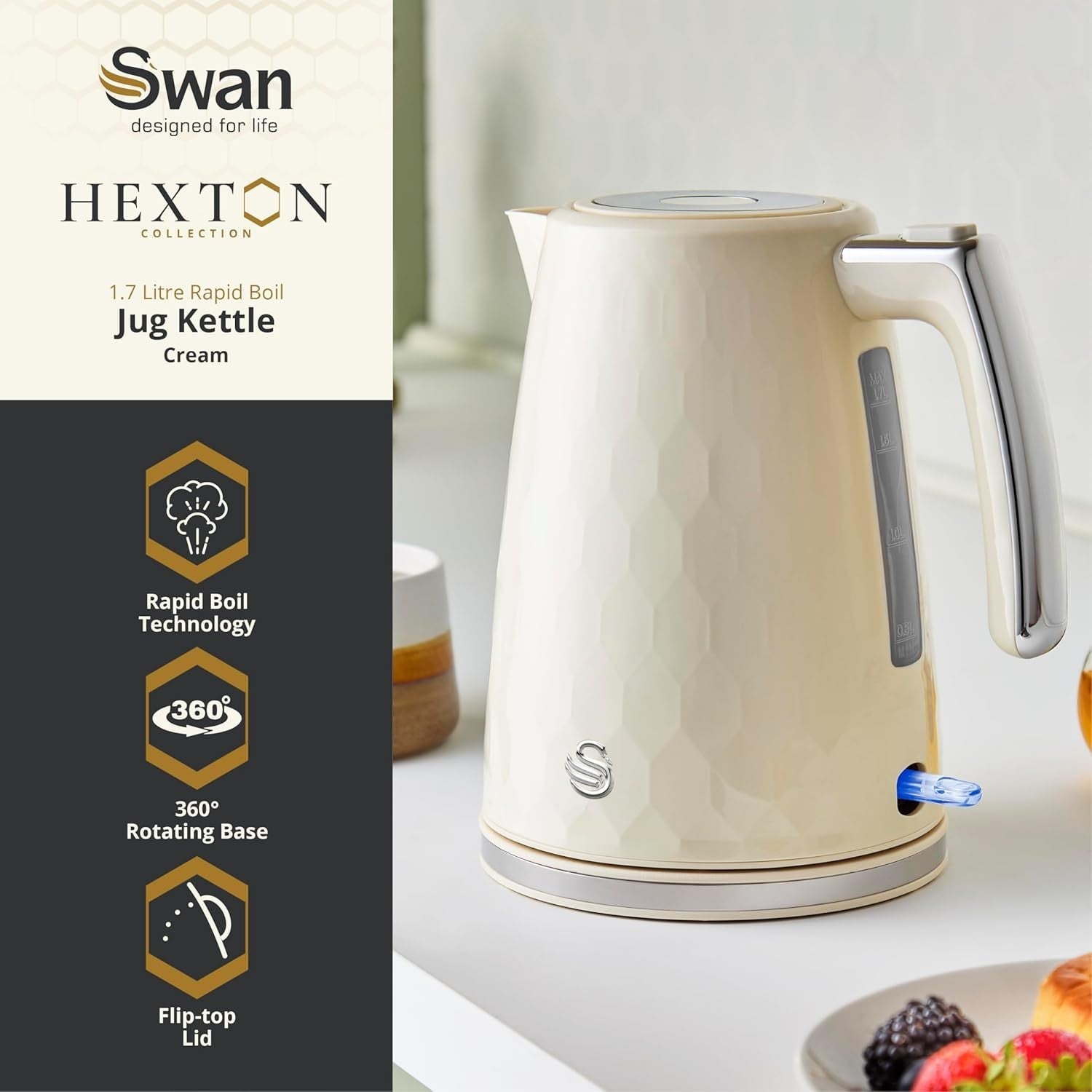 Swan Hexton Cream Kettle 2 Slice Toaster Set Hexagonal Texture Chrome Accents2