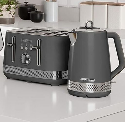 Morphy Richards Illumination Titanium Grey 1.7L Kettle, 4 Slice Toaster & Accents Bread Bin, Canisters, Mug Tree & Towel Pole Matching Set of 8