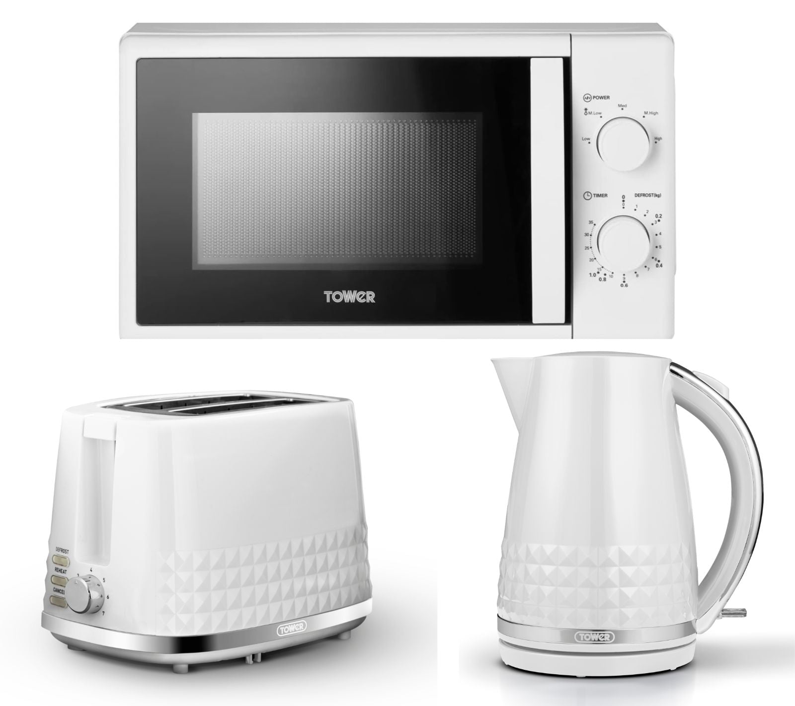 Tower Solitaire 3KW 1.5L Kettle, 2 Slice Toaster & 700W 20L Manual Microwave T24034WHT Set in White