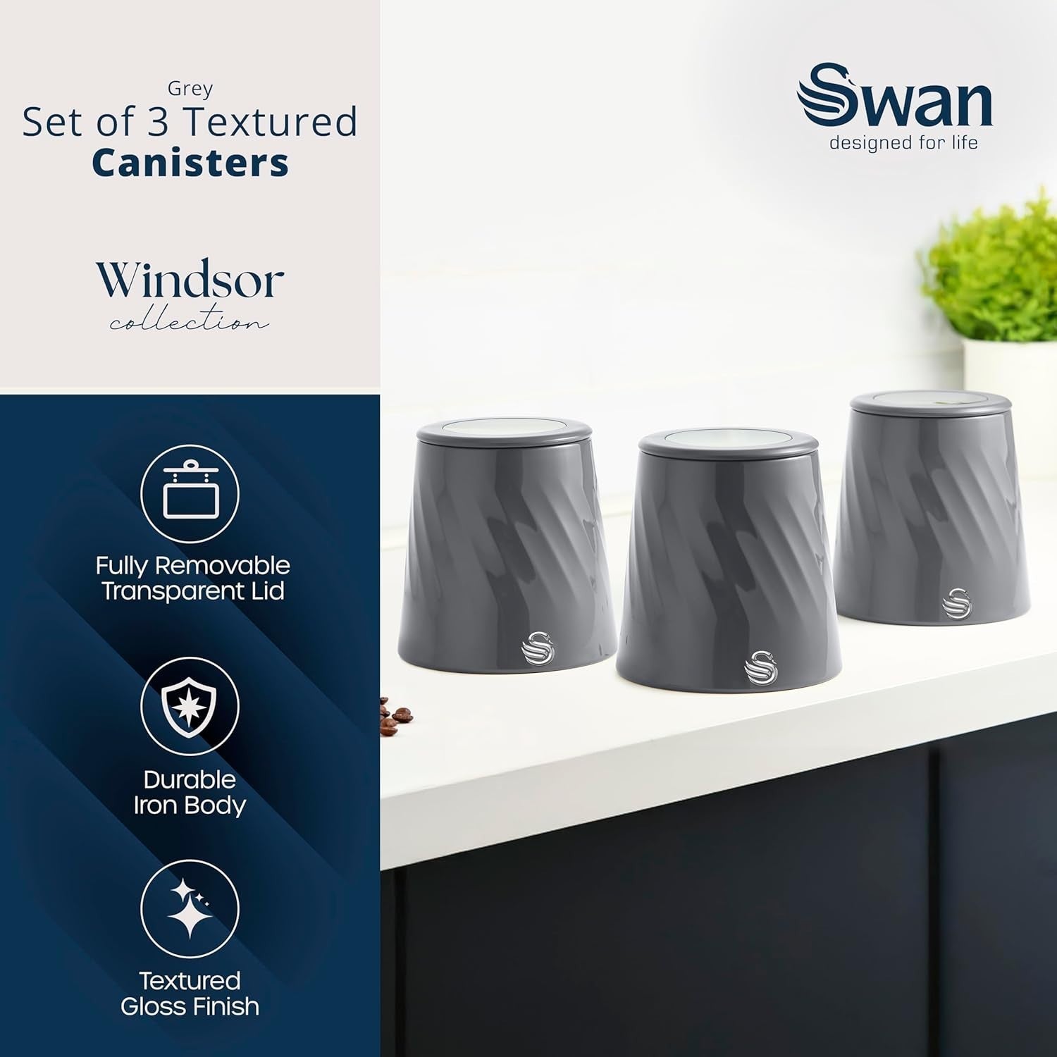 Swan Windsor Grey Kettle Toaster Microwave Canisters Kitchen Bundle Set3