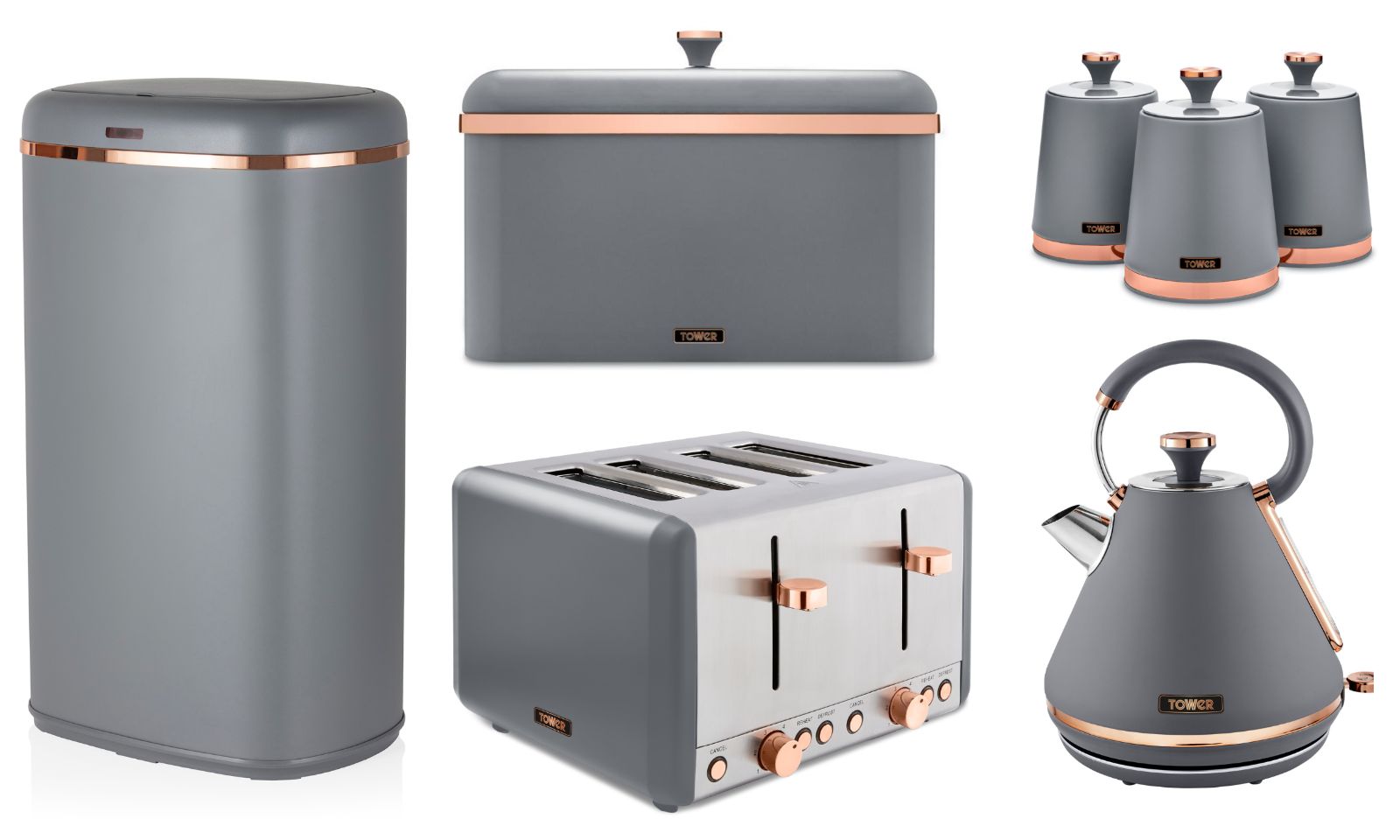 Tower Cavaletto Grey Pyramid Kettle Toaster Breadbin Canisters & 58L Sensor Bin