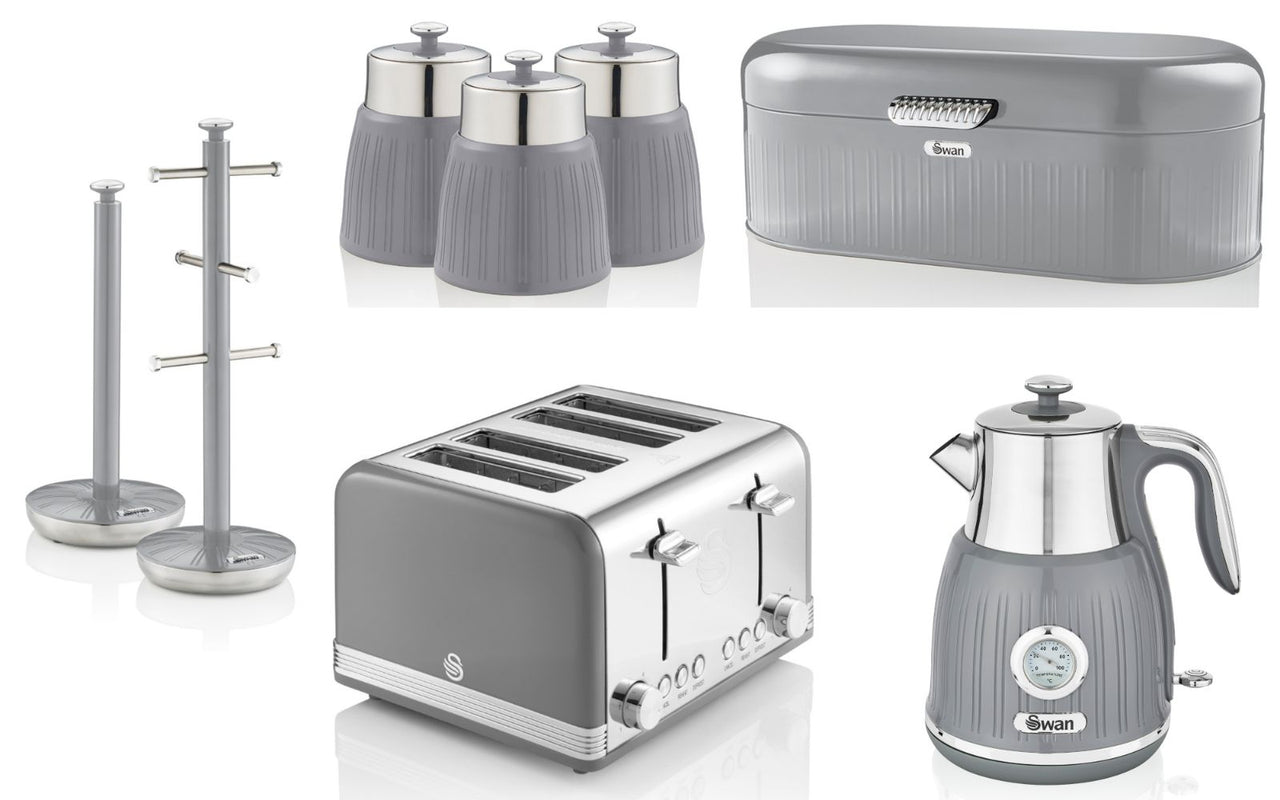 SWAN Retro Grey Dial Kettle Toaster Bread Bin Canisters Mug Tree Towel Pole Set