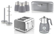 SWAN Retro Grey Dial Kettle Toaster Bread Bin Canisters Mug Tree Towel Pole Set