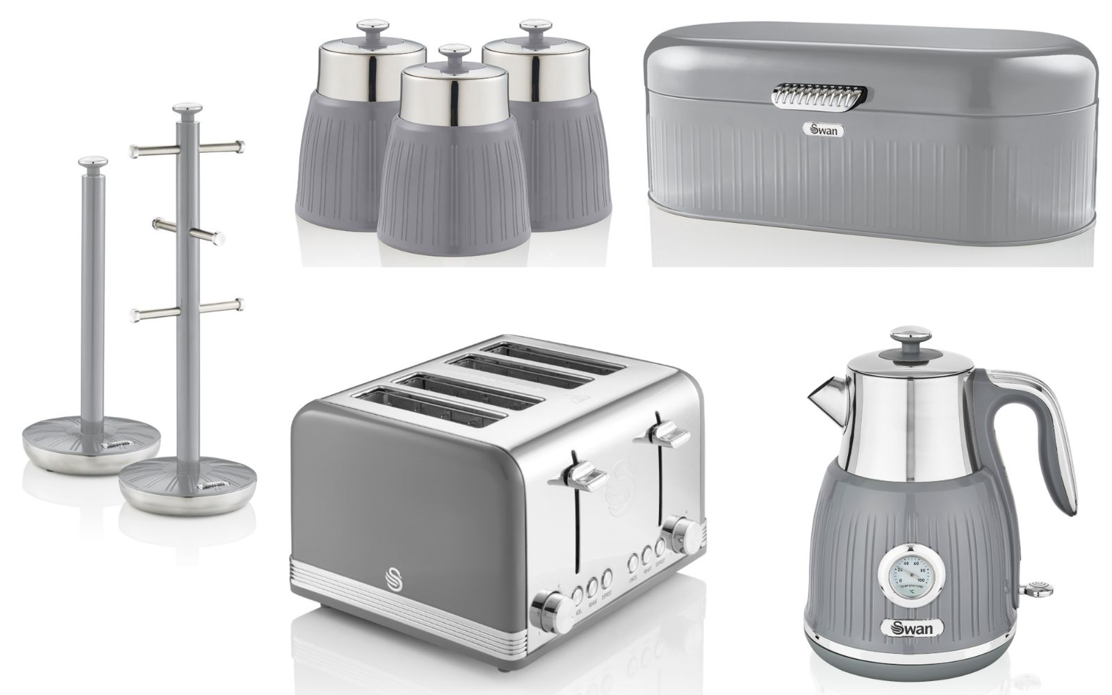 SWAN Retro Grey Dial Kettle Toaster Bread Bin Canisters Mug Tree Towel Pole Set