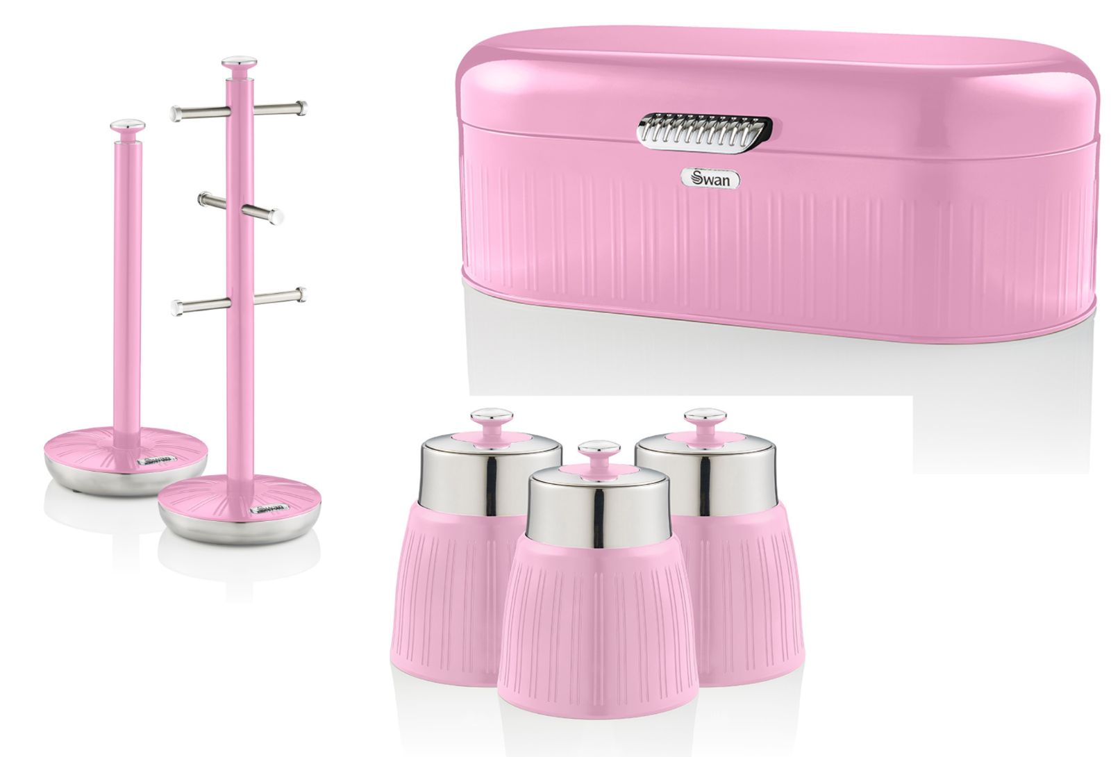 SWAN Retro Pink Kitchen Accessories Bread Bin Canisters Mug Tree Towel Pole Set