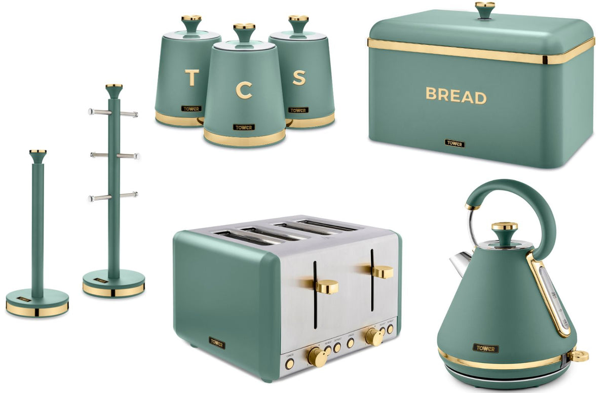 Tower Cavaletto Jade 1.7L 3KW Pyramid Kettle, 4 Slice Toaster, Bread Bin, Tea, Coffee & Sugar Canisters, Mug Tree & Towel Pole Kitchen Set of 8