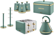 Tower Cavaletto Jade 1.7L 3KW Pyramid Kettle, 4 Slice Toaster, Bread Bin, Tea, Coffee & Sugar Canisters, Mug Tree & Towel Pole Kitchen Set of 8