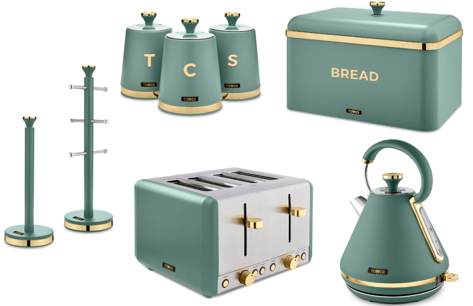 Tower Cavaletto Jade 1.7L 3KW Pyramid Kettle, 4 Slice Toaster, Bread Bin, Tea, Coffee & Sugar Canisters, Mug Tree & Towel Pole Kitchen Set of 8