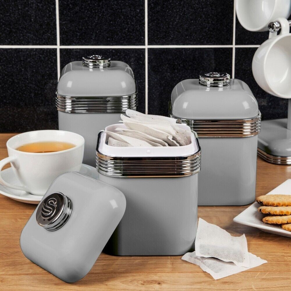 Swan Retro Revive Grey Stovetop Kettle Toaster Microwave Breadbin Canisters Set5