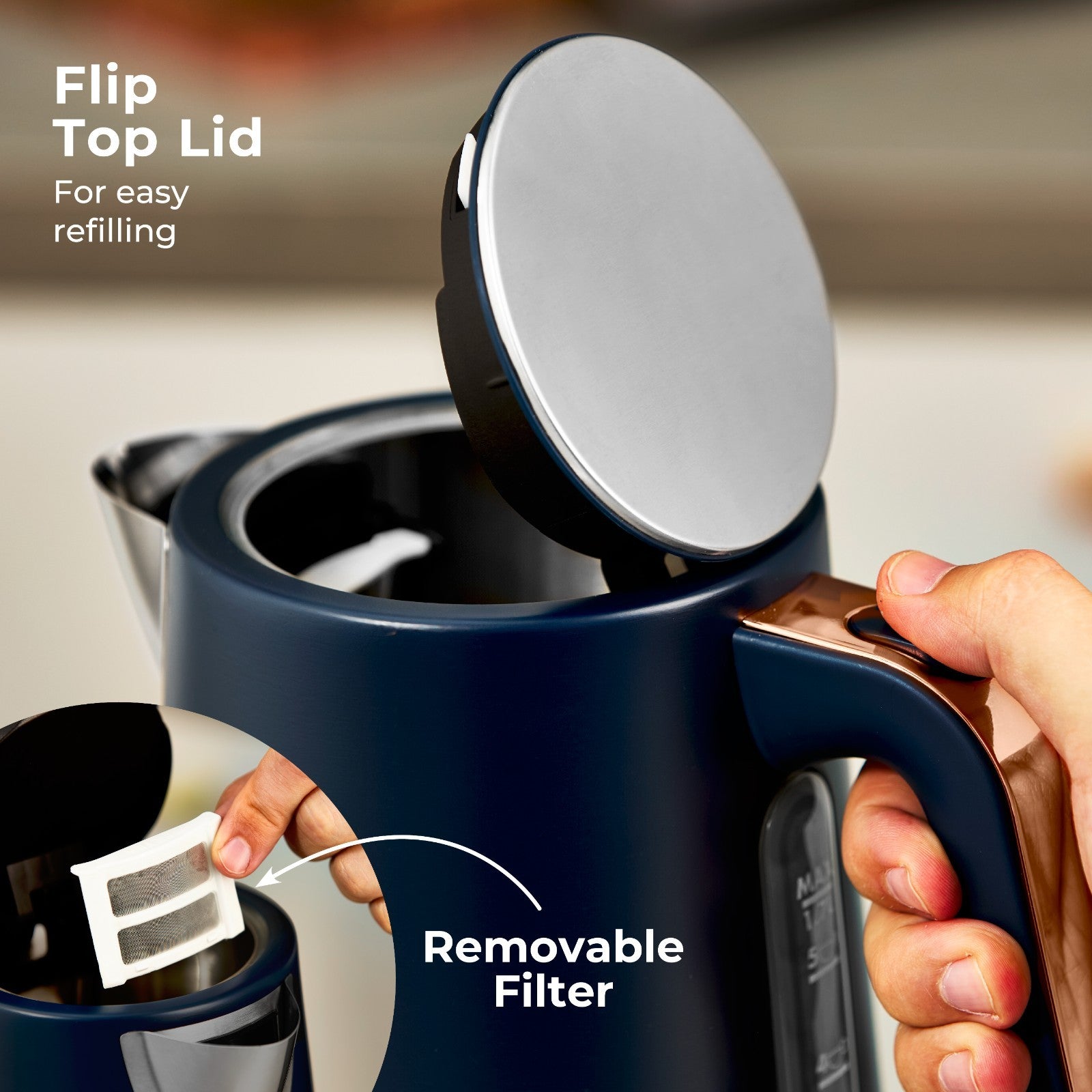 Tower Cavaletto 1.7L Kettle 3KW Rapid Boil | 360° Swivel Base | Blue & Rose Gold2