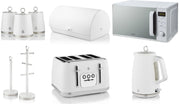 Swan Serenity White 1.7L 3KW Kettle, 4 Slice Toaster, Bread Bin, Canisters, Mug Tree, Towel Pole and 20L 800W Digital Microwave Matching Set of 9