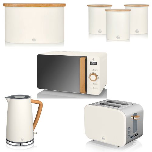 Swan Nordic White 1.7L Jug Kettle, 2 Slice Toaster, 800W 20L Microwave,  Breadbin and Canisters Matching Kitchen Set
