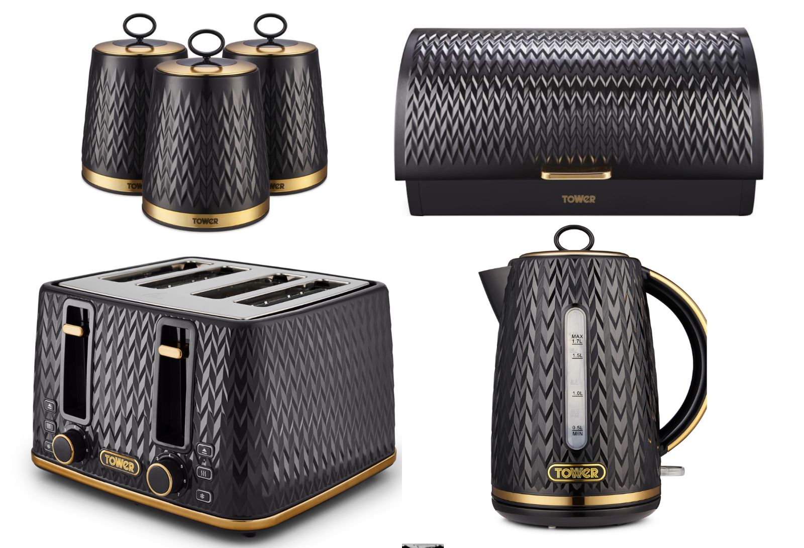 Tower Empire 1.7L 3KW Jug Kettle, 4 Slice Toaster, Bread Bin & 3 Canisters Matching Set of 6 in Black & Brass