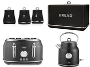 Tower Renaissance Black Kettle 4 Slice Toaster Bread Bin & Canisters Set of 6