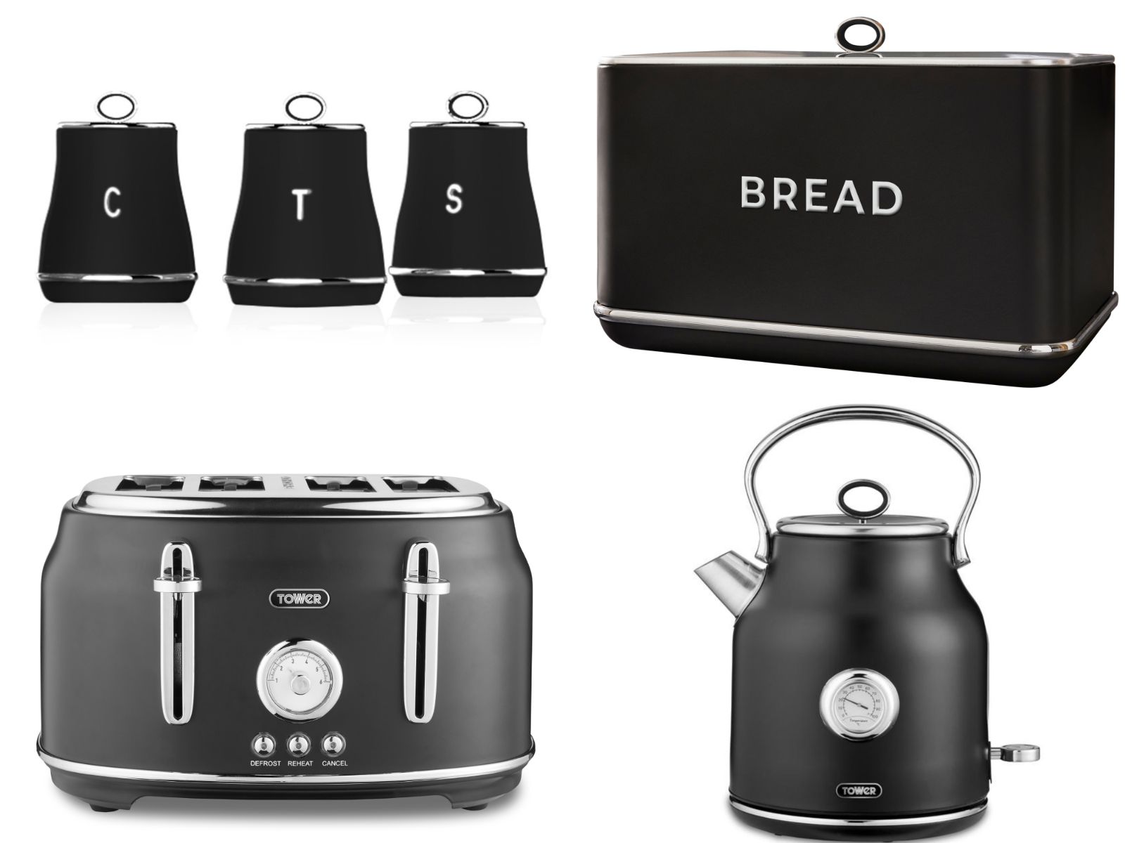 Tower Renaissance Black Kettle 4 Slice Toaster Bread Bin & Canisters Set of 6