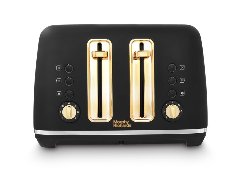 Morphy Richards Accents Black & Gold 1.5L 3KW Pyramid Kettle & 4 Slice Toaster. Classic Design Kettle & Toaster Matching Set with Modern Features