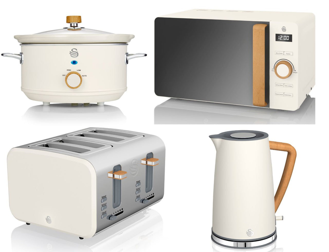 Swan Nordic White 1.7L Kettle, 4 Slice Toaster, 800W Microwave & 3.5L Slow Cooker Kitchen Set
