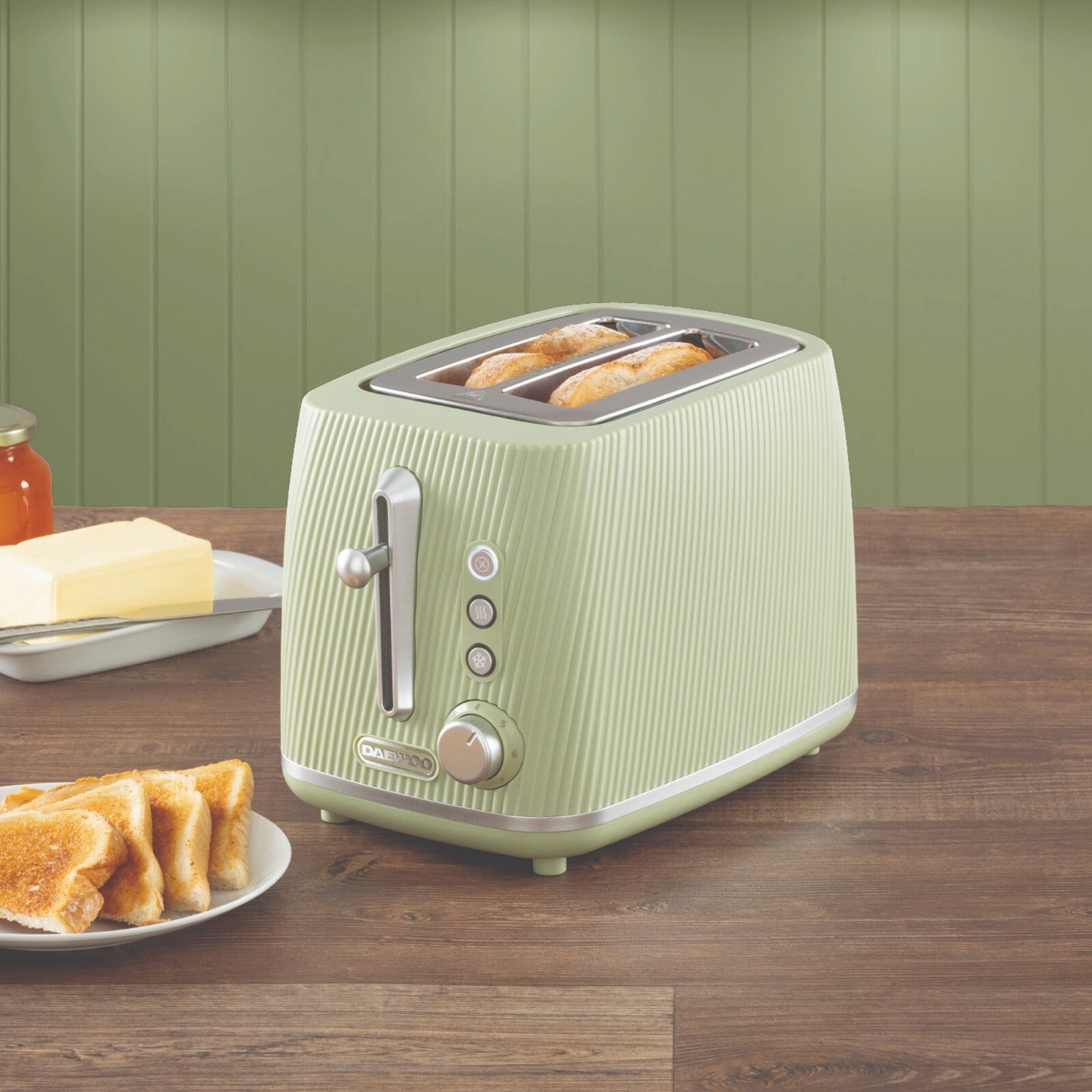 Dew Toaster Daewoo Cascade 2 Slice Toaster Taupe Ribbed Texture Design SDA2777GE