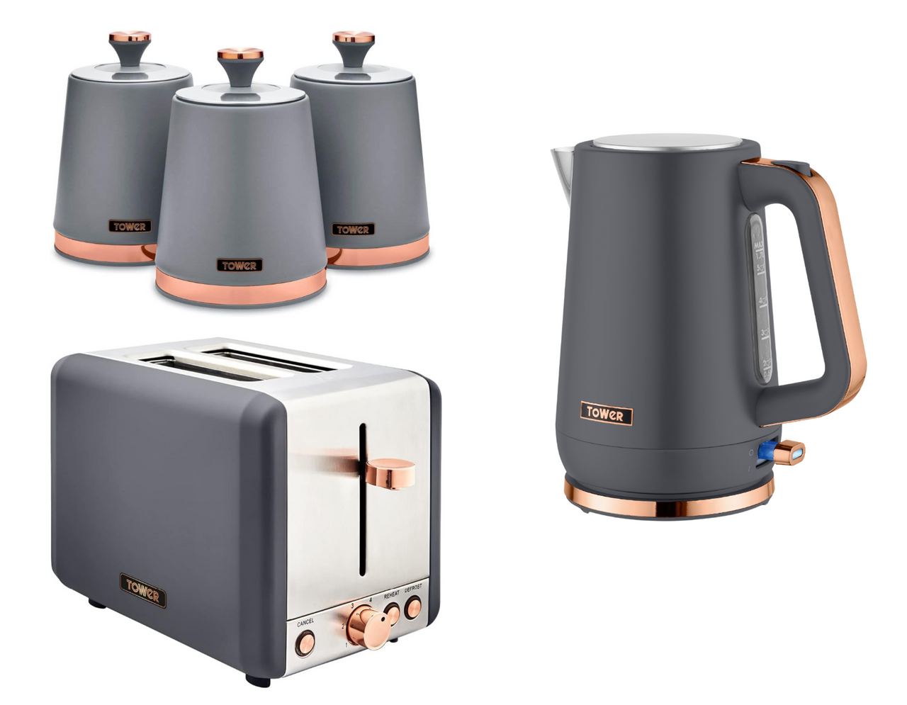 Tower Cavaletto Grey Jug Kettle 2 Slice Toaster & Canisters Matching Kitchen Set0