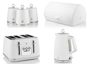 Swan Serenity White 1.7L 3KW Kettle, 4 Slice Toaster, Bread Bin & Canisters. Matching Swan Kitchen Set of 6 in White