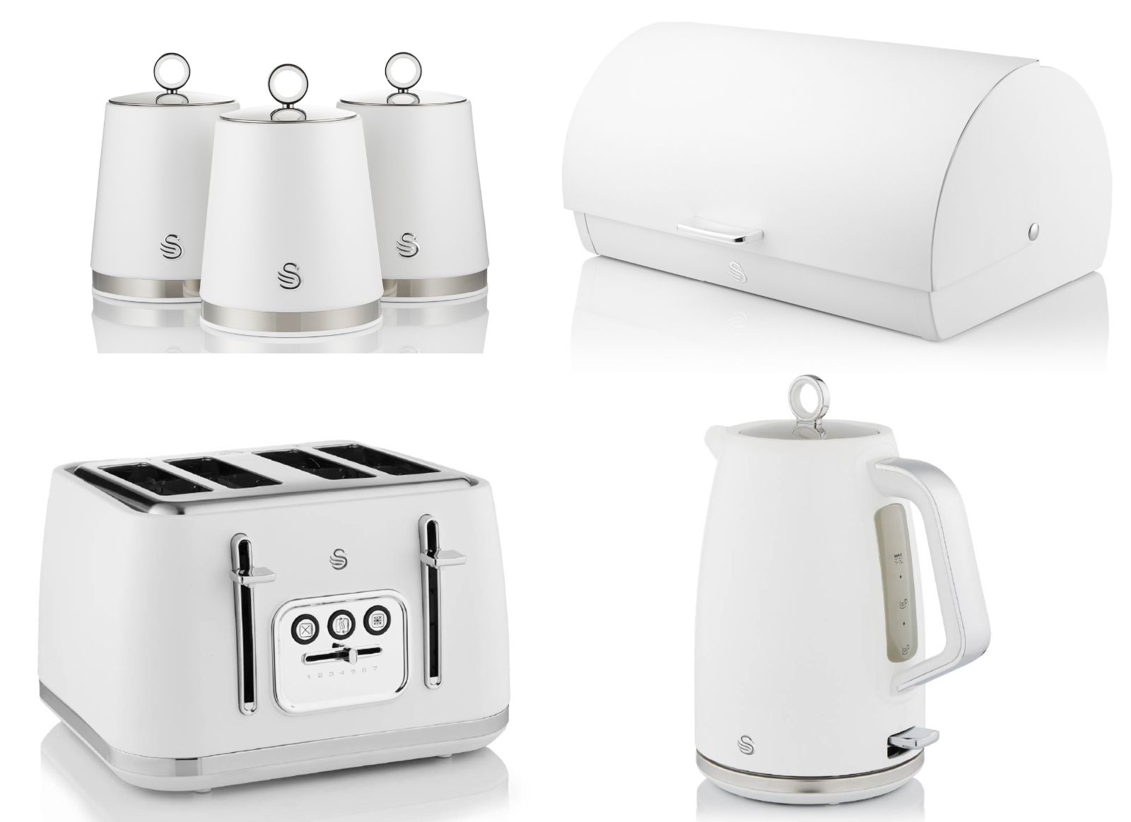 Swan Serenity White 1.7L 3KW Kettle, 4 Slice Toaster, Bread Bin & Canisters. Matching Swan Kitchen Set of 6 in White