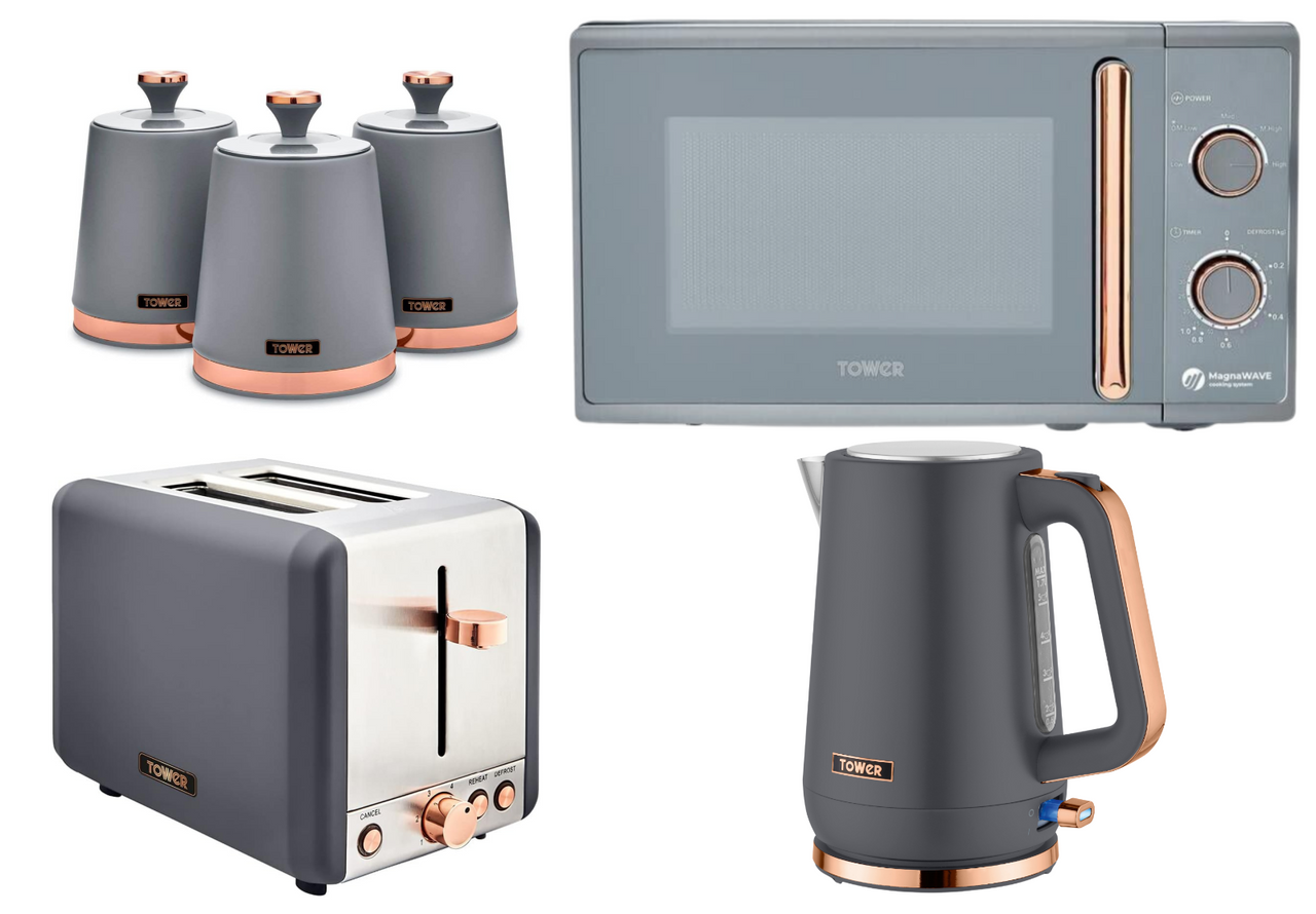 Tower Cavaletto Grey Jug Kettle 2 Slice Toaster Microwave Canisters Kitchen Set0