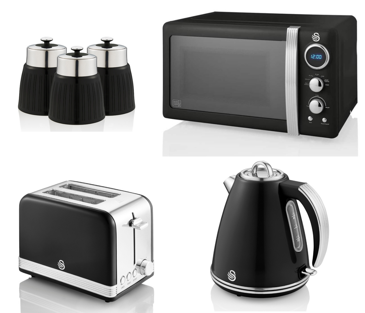 Swan Retro 1.5L 3KW Retro Jug Kettle, 2 Slice Toaster, 800W 20L Digital Microwave, Tea Coffee & Sugar Canisters Matching Kitchen Set of 6 in Black