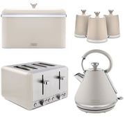 Tower Cavaletto Pyramid Kettle, 4 Slice Toaster, Bread Bin & Canisters Matching Set in Latte with Chrome Accents