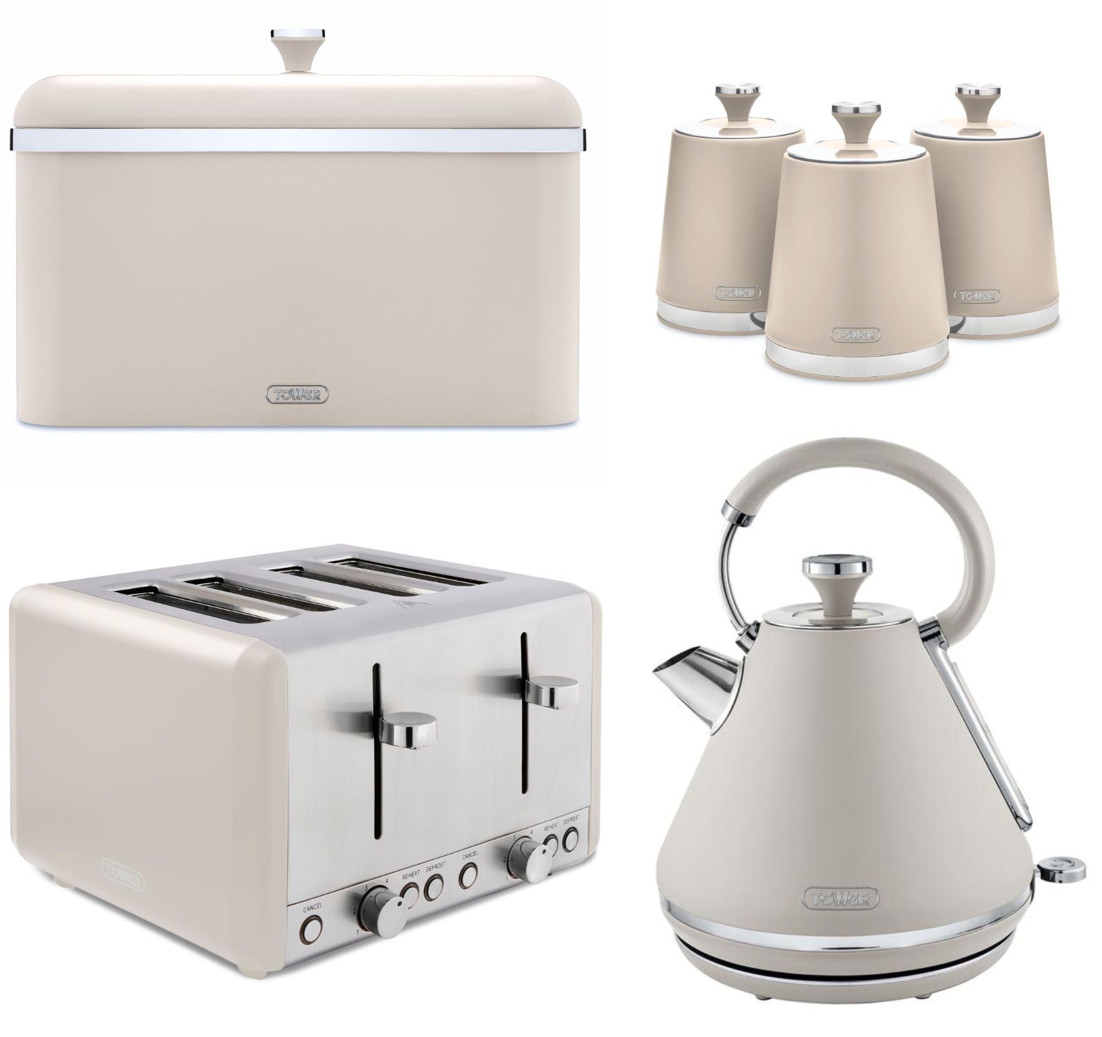 Tower Cavaletto Pyramid Kettle, 4 Slice Toaster, Bread Bin & Canisters Matching Set in Latte with Chrome Accents