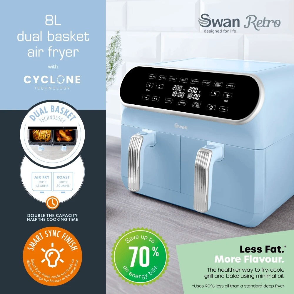 SWAN Retro Revive Blue Kettle Toaster Microwave Air Fryer Slow Cooker Set4