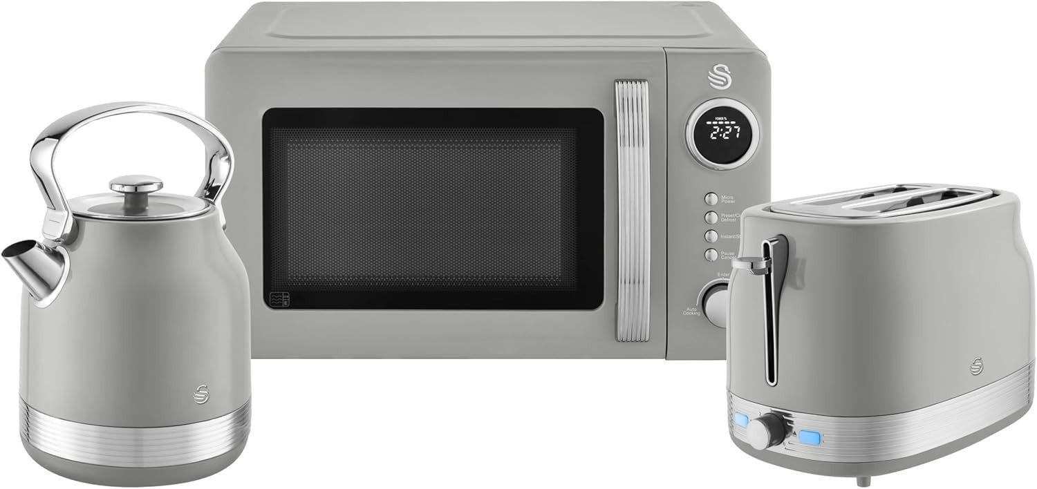 Swan Retro Revive Grey Stovetop Design Kettle 2 Slice Toaster Microwave Bundle0