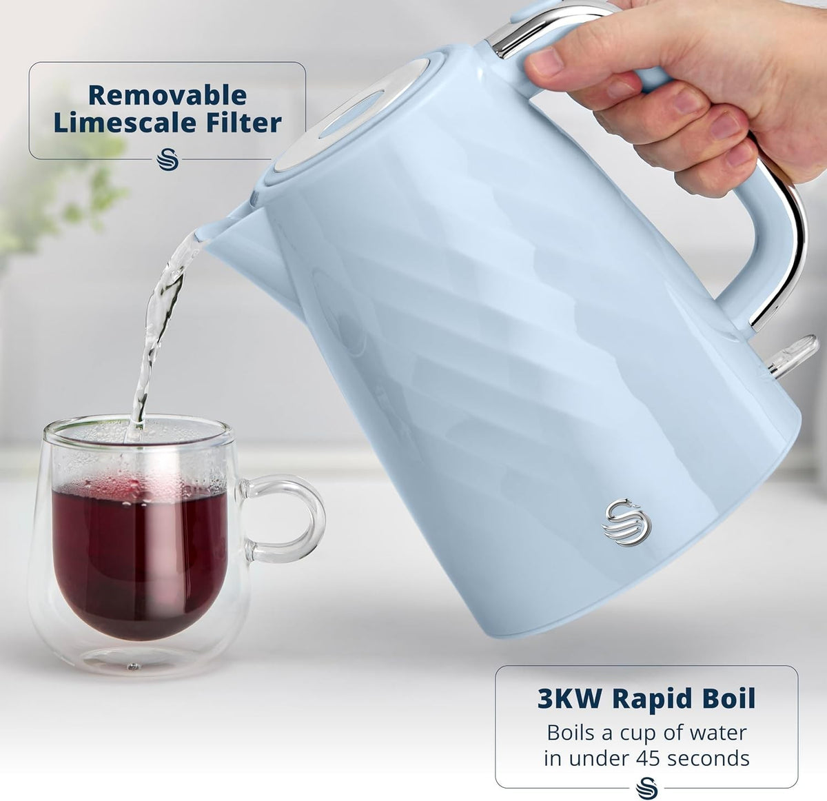 Swan Windsor Blue 1.7L 3kW Rapid Boil Kettle Cordless SK14611BLU Chrome Accents3