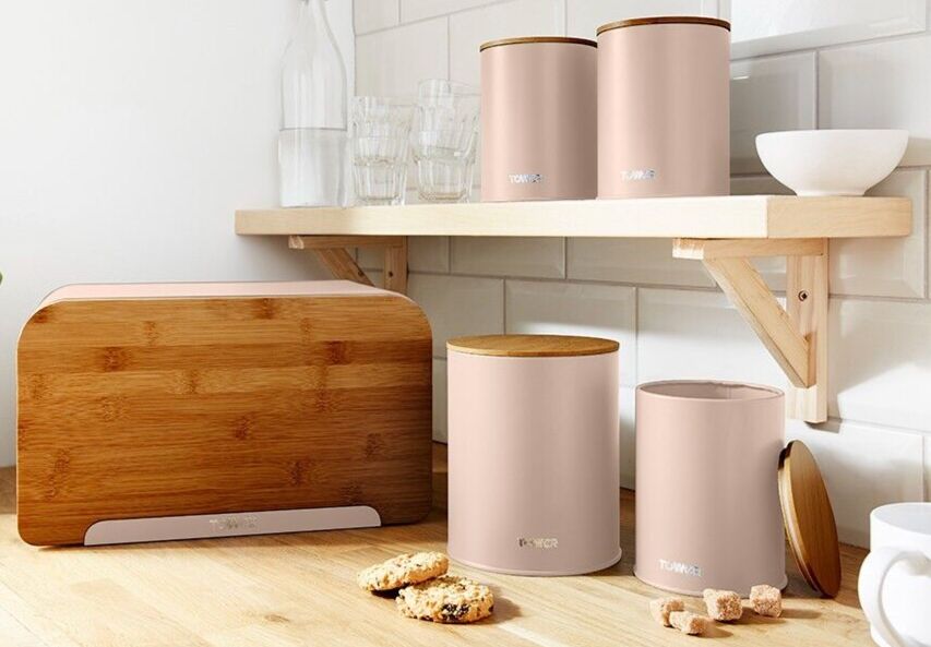 Tower Scandi Pink Clay Storage Set Bread Bin 3 Canisters & Biscuit Barrel