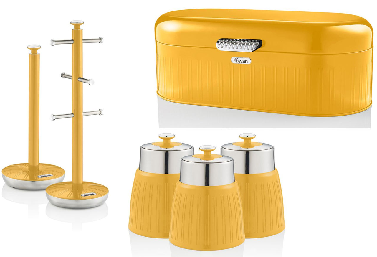 SWAN Retro Yellow Bread Bin Canisters Mug Tree Towel Pole Kitchen Storage Set