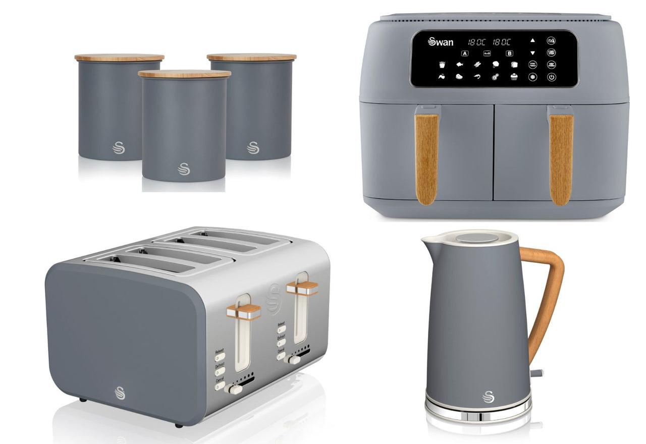Swan Nordic Grey 1.7L Jug Kettle, 4 Slice Toaster, 8L Dual Basket Air Fryer & Canisters Set