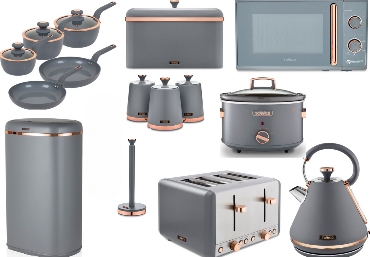 Tower Cavaletto Complete Kitchen Set of 15 Items Grey & Rose Gold 3 Yr Guarantee0