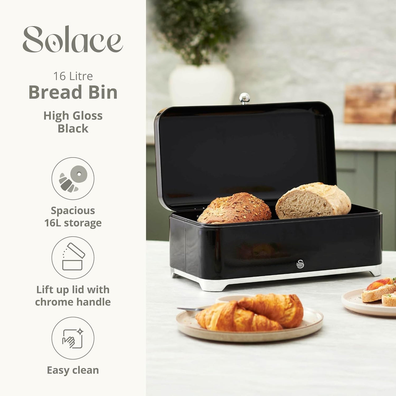 Swan Solace Black Breadbin Canisters Kitchen Roll Holder Storage Set Chrome Trim1
