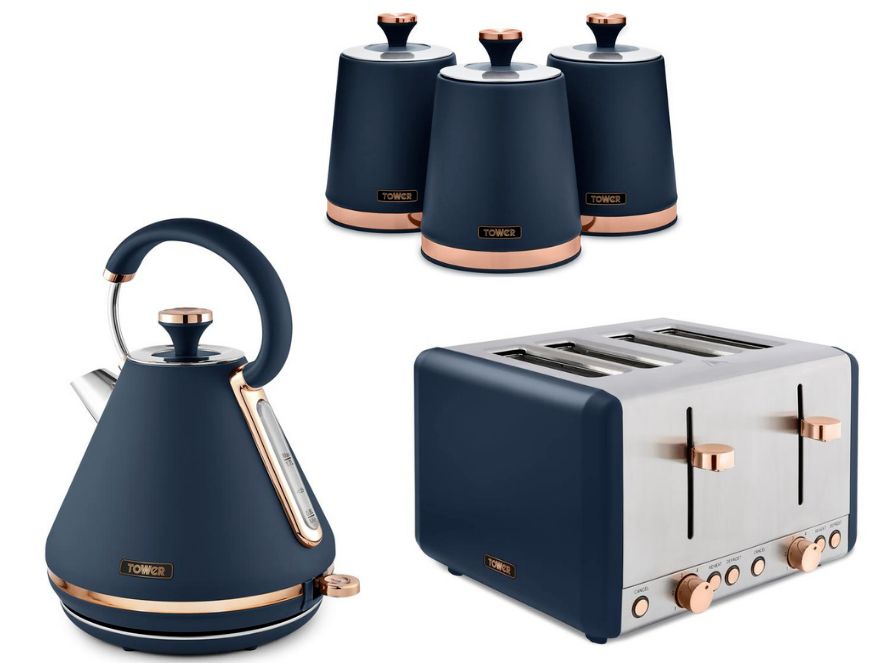Tower Cavaletto 1.7L 3KW Pyramid Kettle, 4 Slice Toaster & Canisters Matching Set in Midnight Blue & Rose Gold