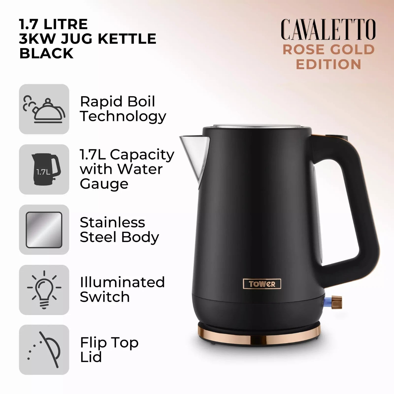 Tower Cavaletto Kettle, 2 Slice Toaster, Canisters, Bread Bin & Towel Pole Black6