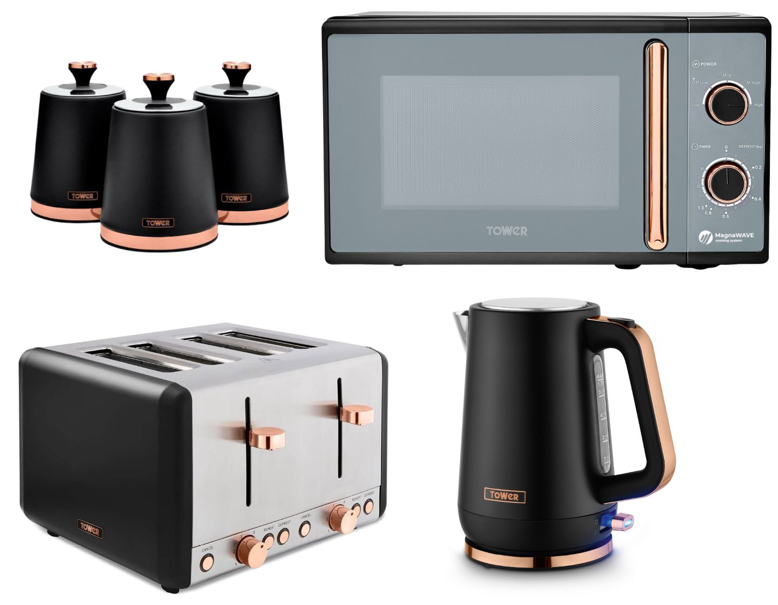Tower Cavaletto Black Jug Kettle Toaster Microwave Canisters Kitchen Set0
