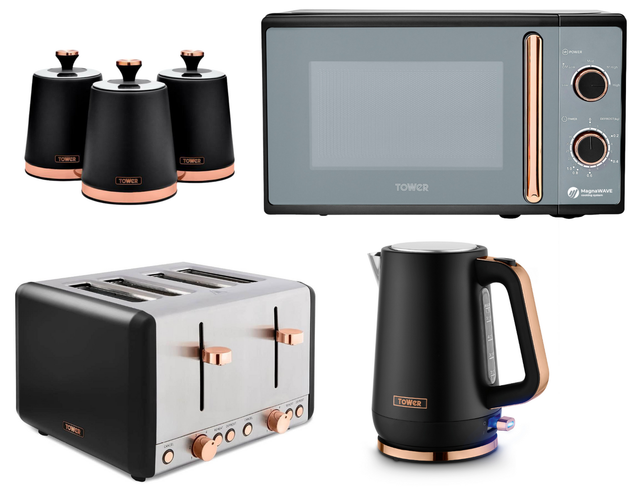 Tower Cavaletto Black Jug Kettle Toaster Microwave Canisters Kitchen Set0